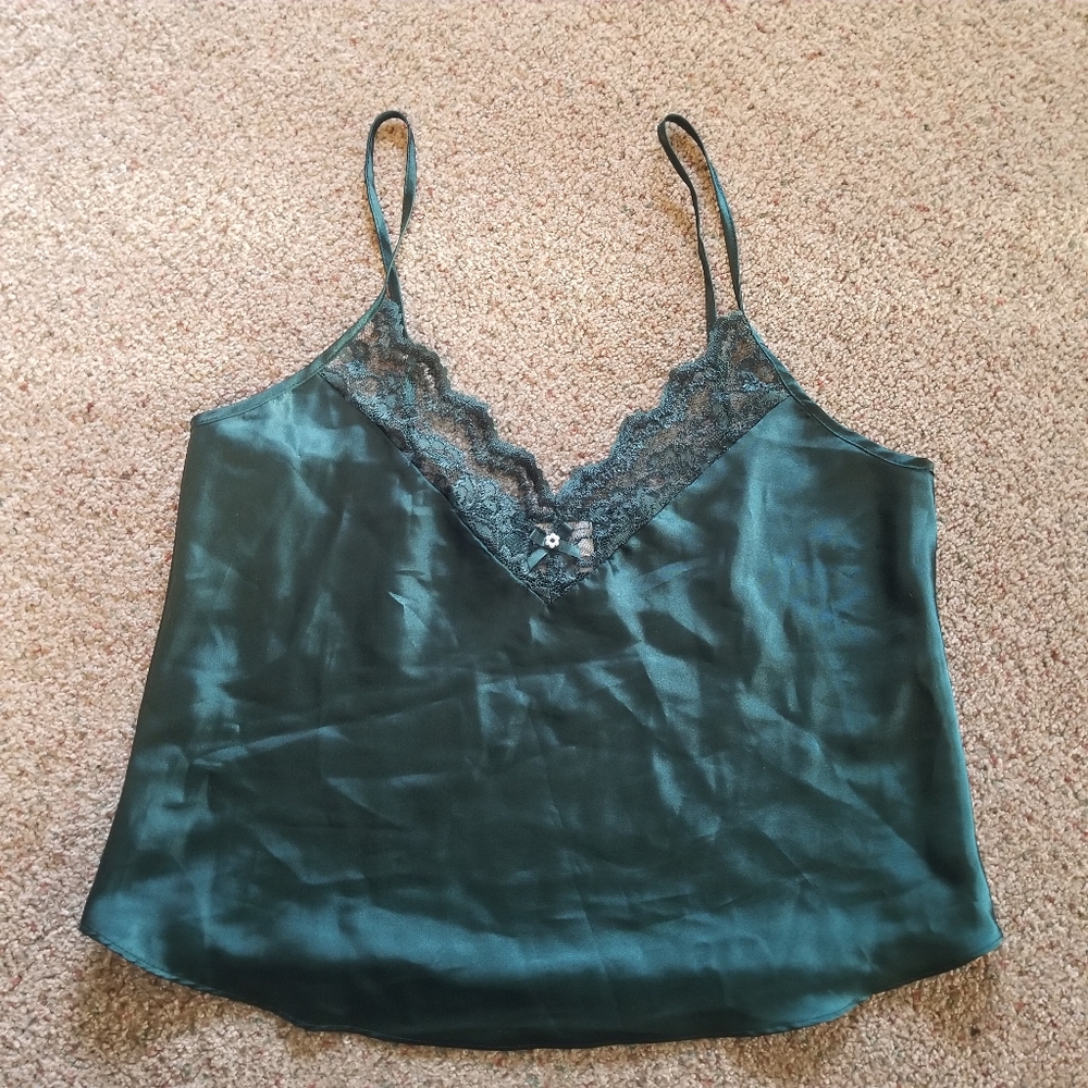 Vintage Camisole California Miss Emerald Green Satin Lace Feminine M